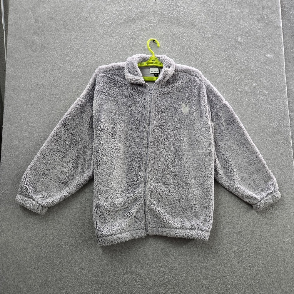 Playboy By Pacsun Women Jacket XS/S Gray Fleece Sherpa Logo Full Zip